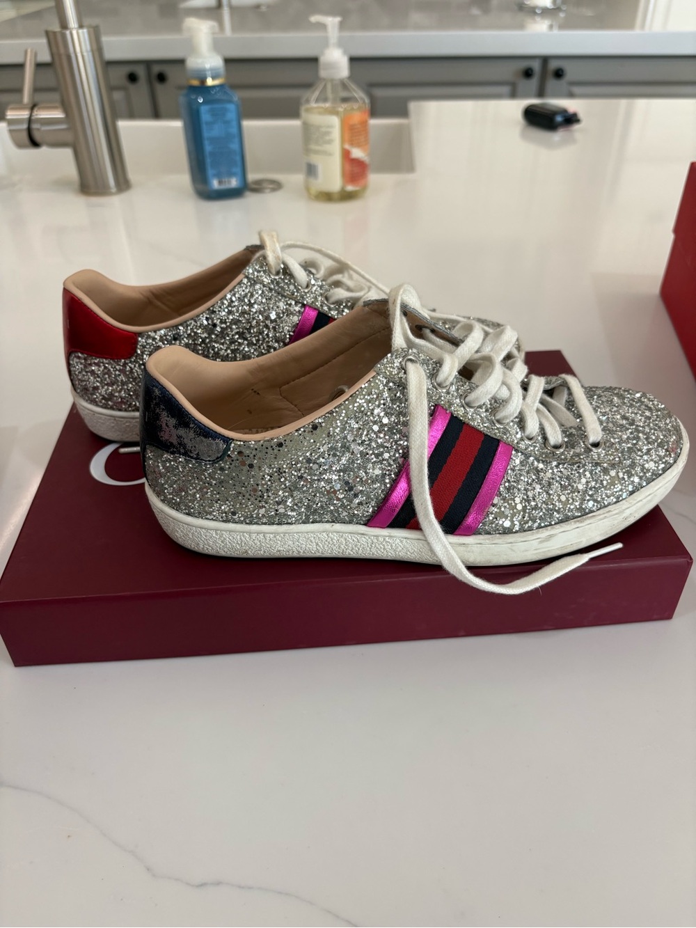 Gucci Silver Glitter Low-Top Sneakers with Pink and Red Accents
